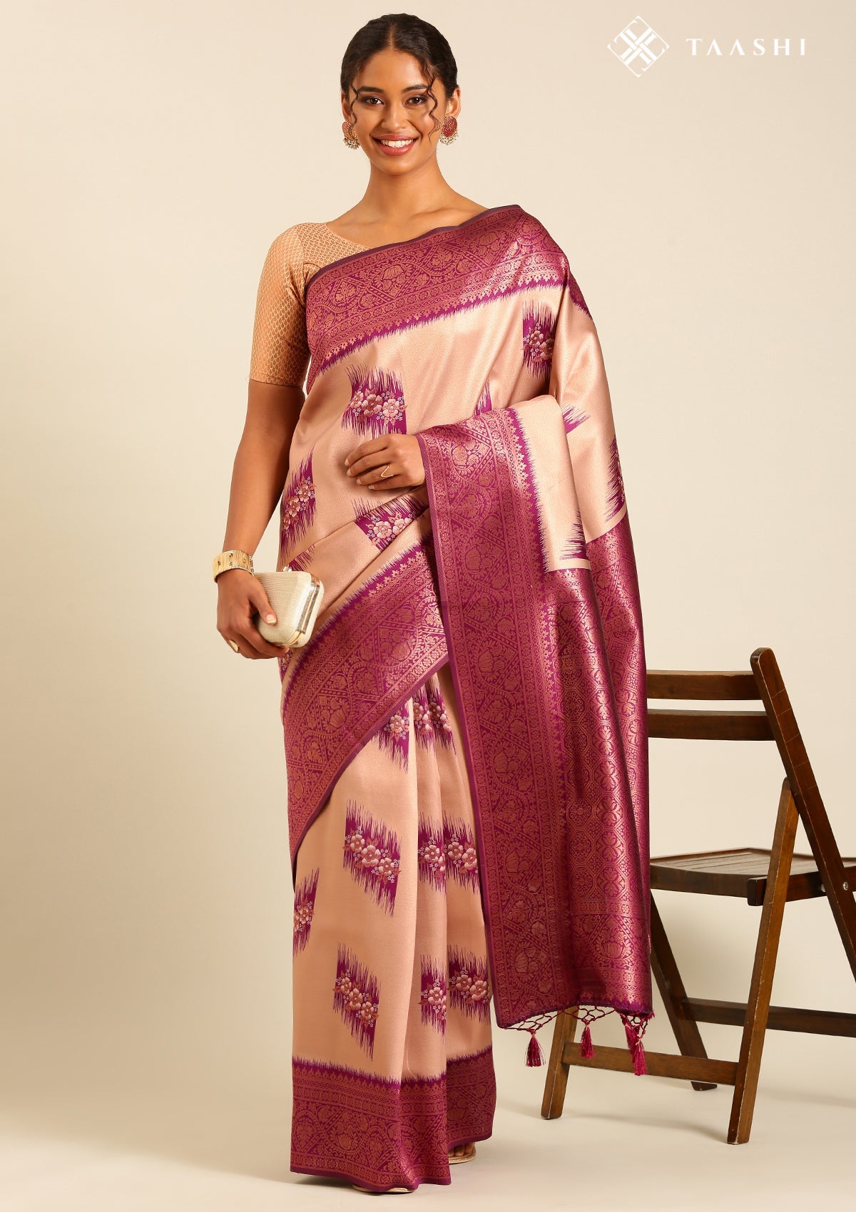 Rose Gold Tissue Brocade Weaving Silk Saree with Purple Floral Motif