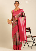 Charcoal Grey Tissue Brocade Weaving Silk Saree