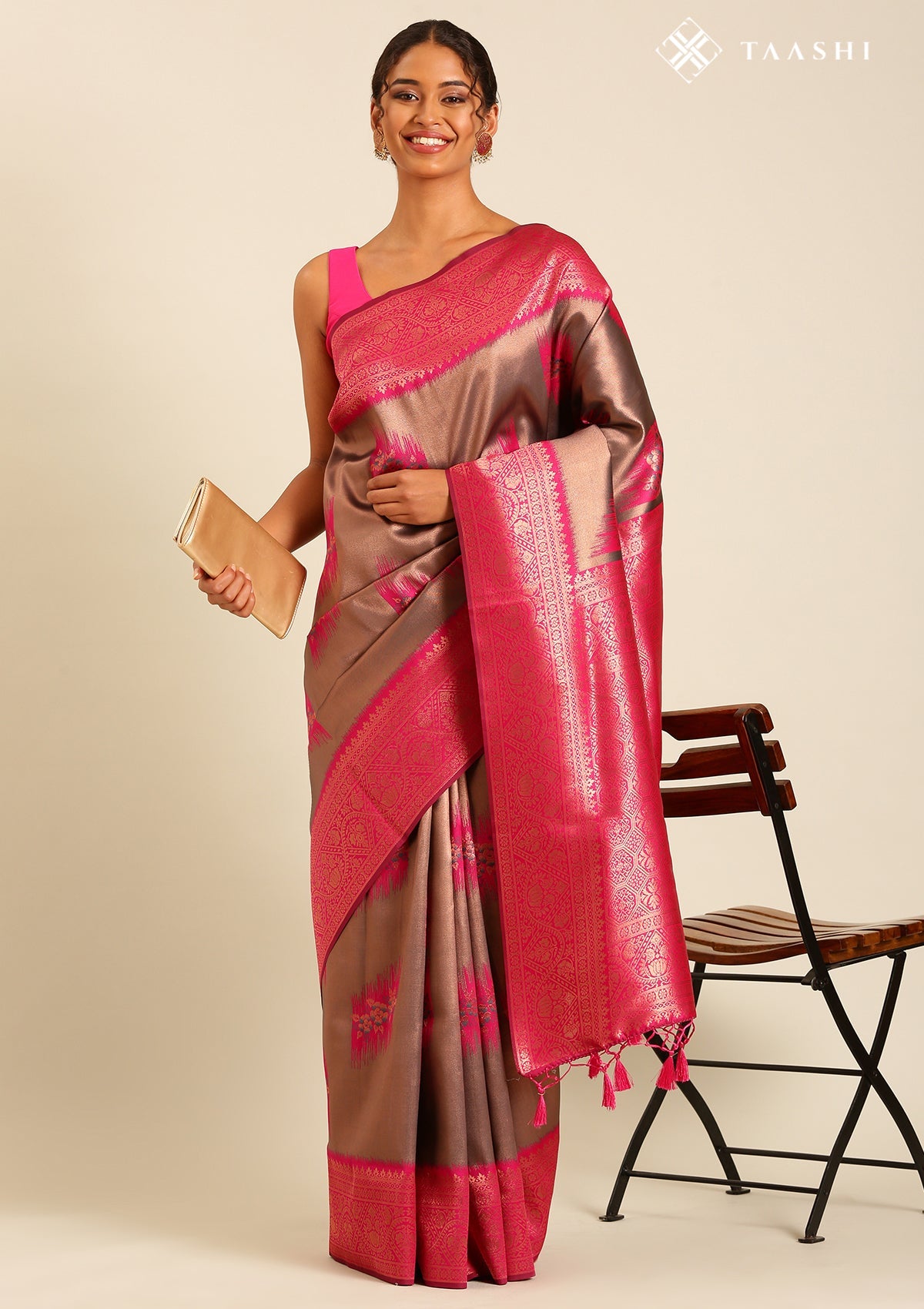 Charcoal Grey Tissue Brocade Weaving Silk Saree