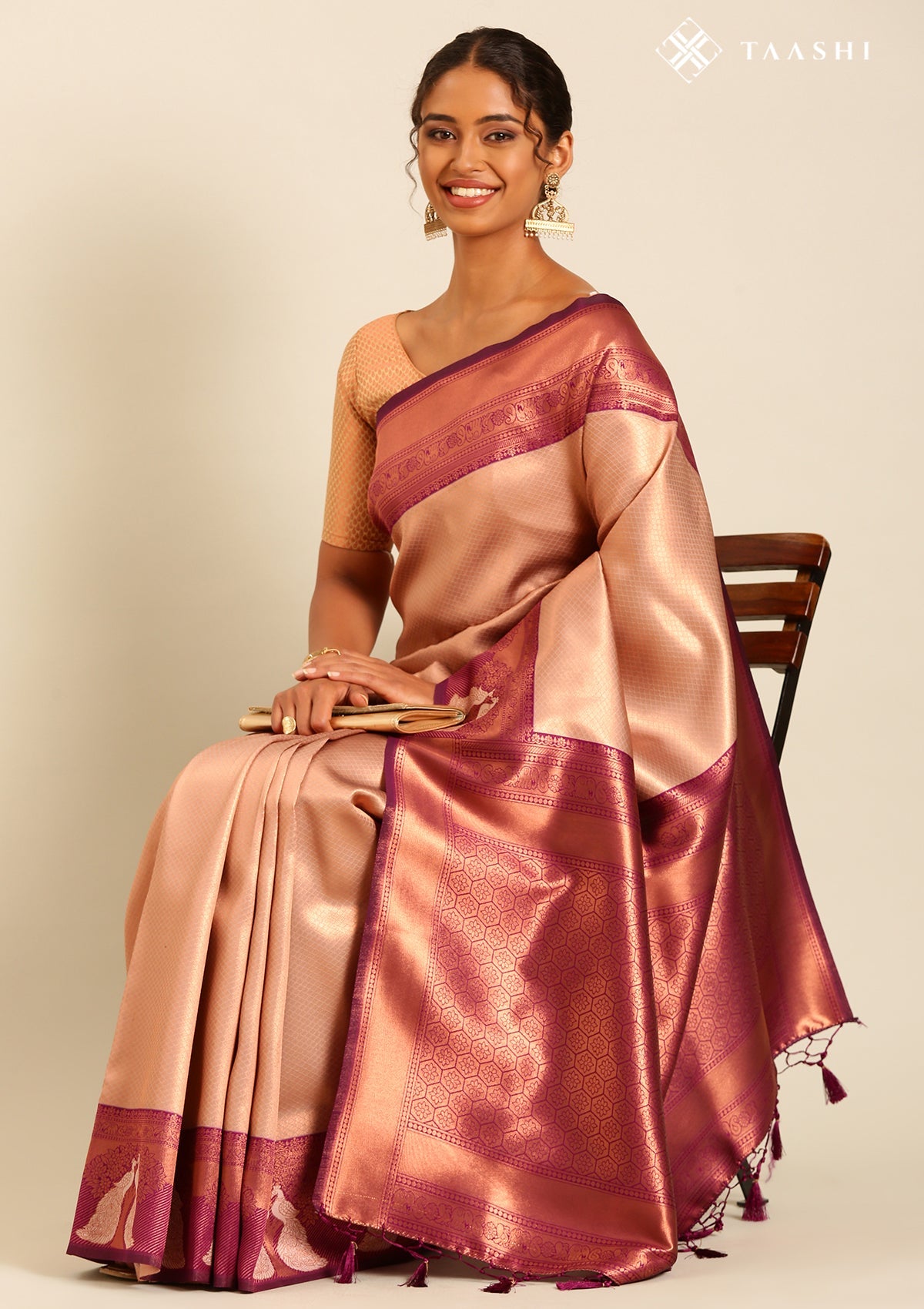 Rose Gold Tissue Brocade Weaving Silk Saree